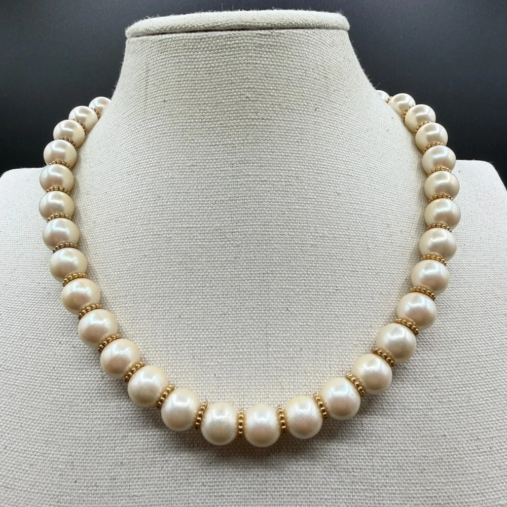 Cream Faux Pearl Beaded Necklace Gold Tone Spacer Classic Elegant Statement